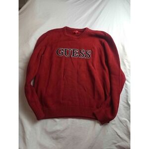 GUESS Sweater Mens XL Red Knit Embroidered Logo Crew Neck Pullover Cabincore